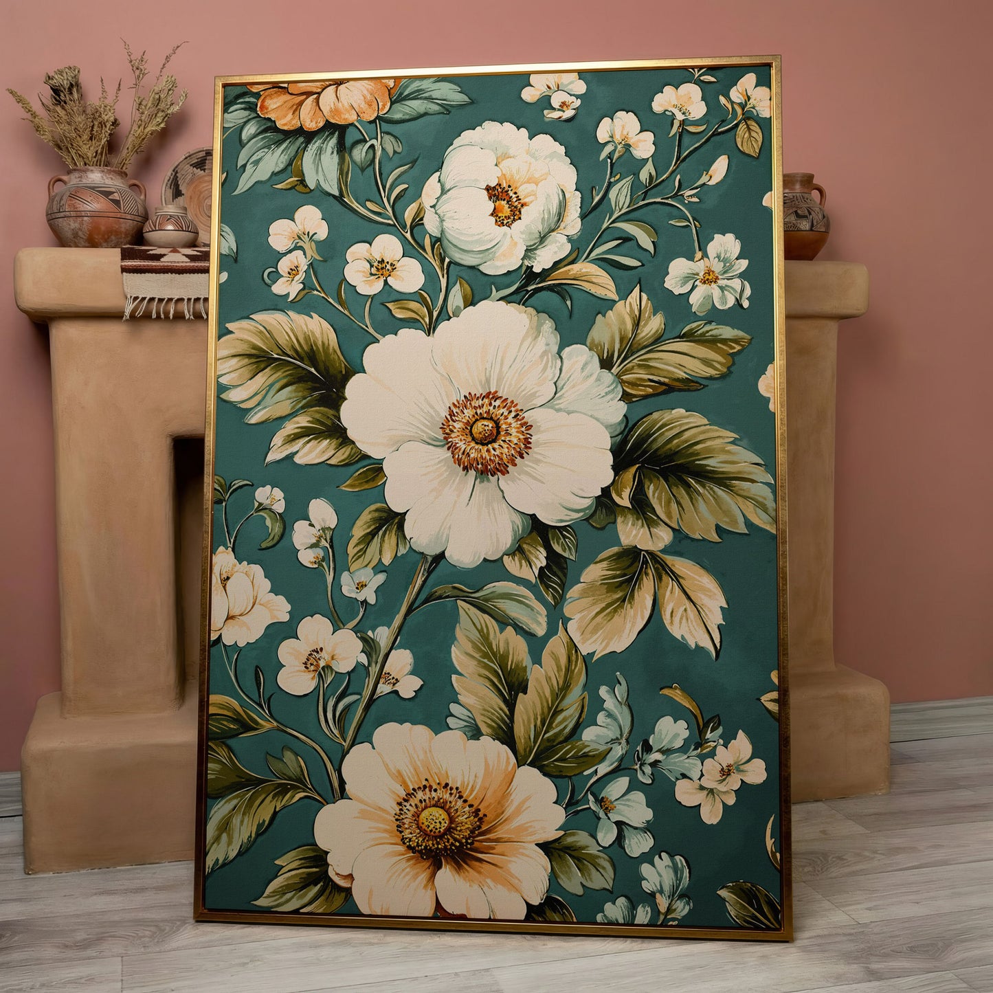 White Floral Botanical Canvas Wall Art, Boho Flower Print in rose gold floating frame
