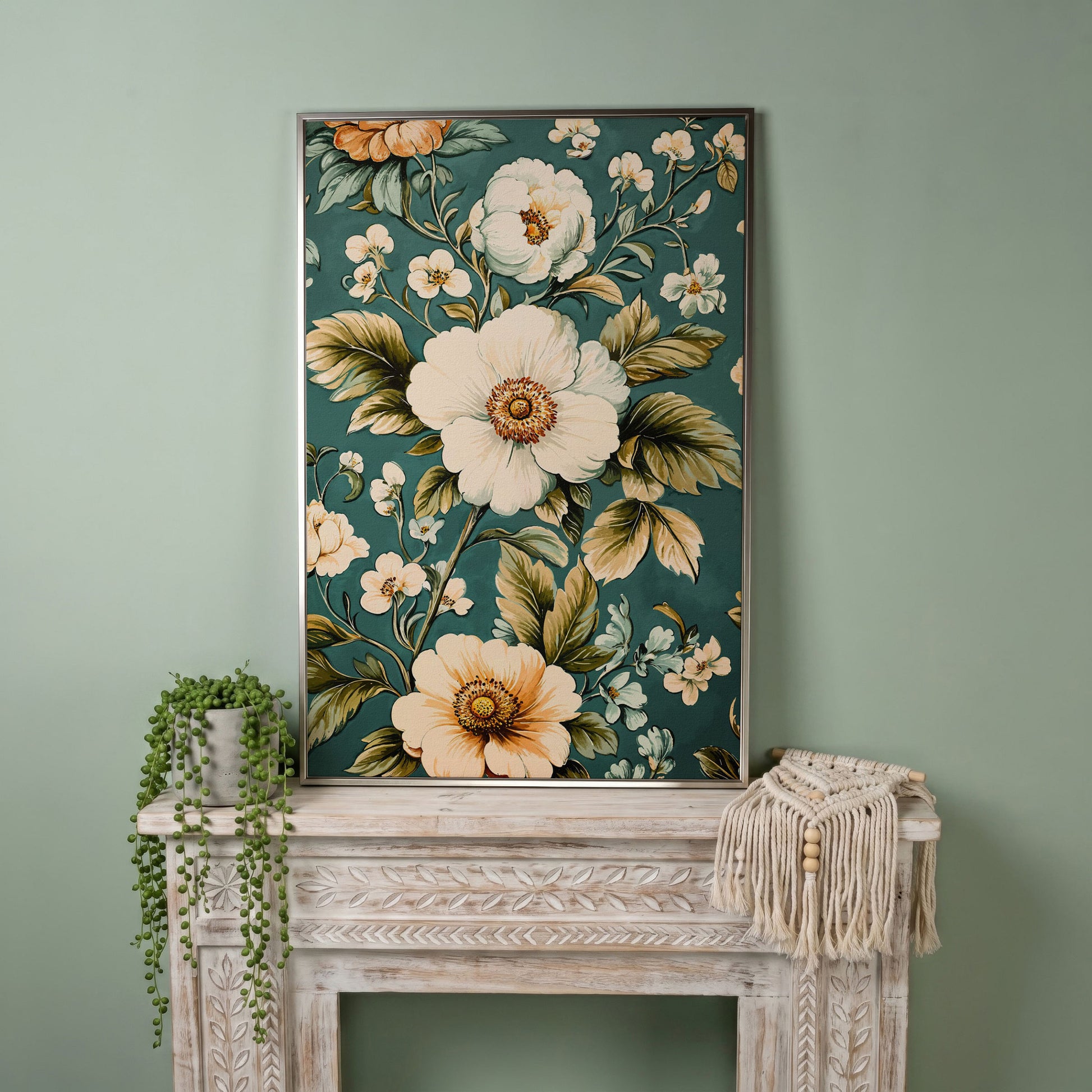 White Floral Botanical Canvas Wall Art, Boho Flower Print in silver floating frame