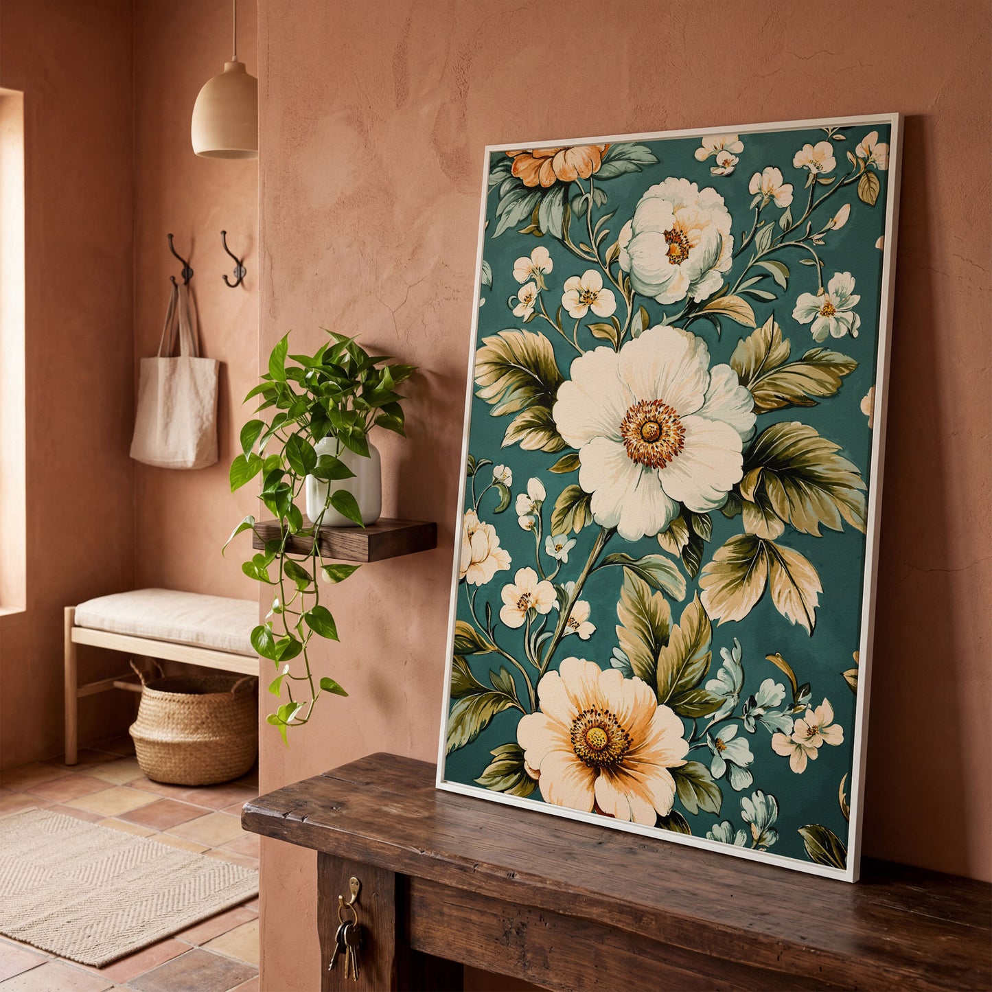 White Floral Botanical Canvas Wall Art, Boho Flower Print in white floating frame