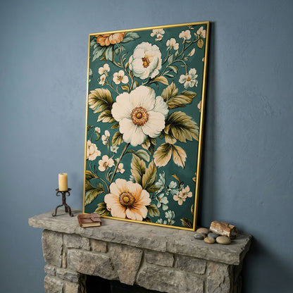 White Floral Botanical Canvas Wall Art, Boho Flower Print in yellow gold floating frame