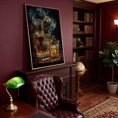 Whiskey in Decanter and Glass Canvas in antique gold floating frame