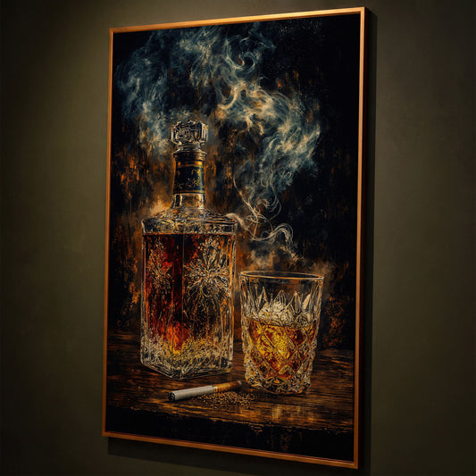 Whiskey in Decanter and Glass Canvas shown in antique gold floating frame