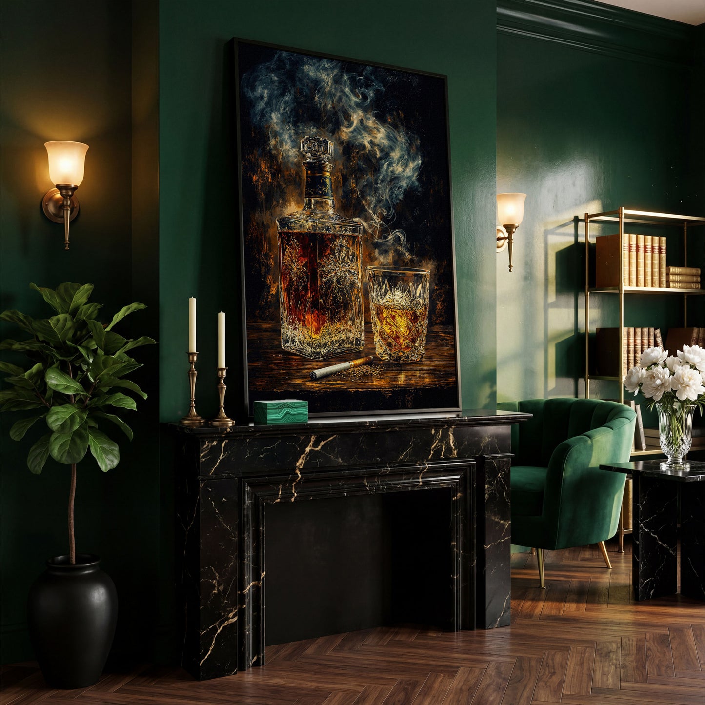 Whiskey in Decanter and Glass Canvas in black floating frame