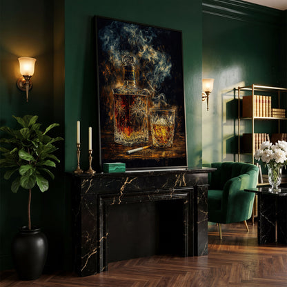 Whiskey in Decanter and Glass Canvas in black floating frame