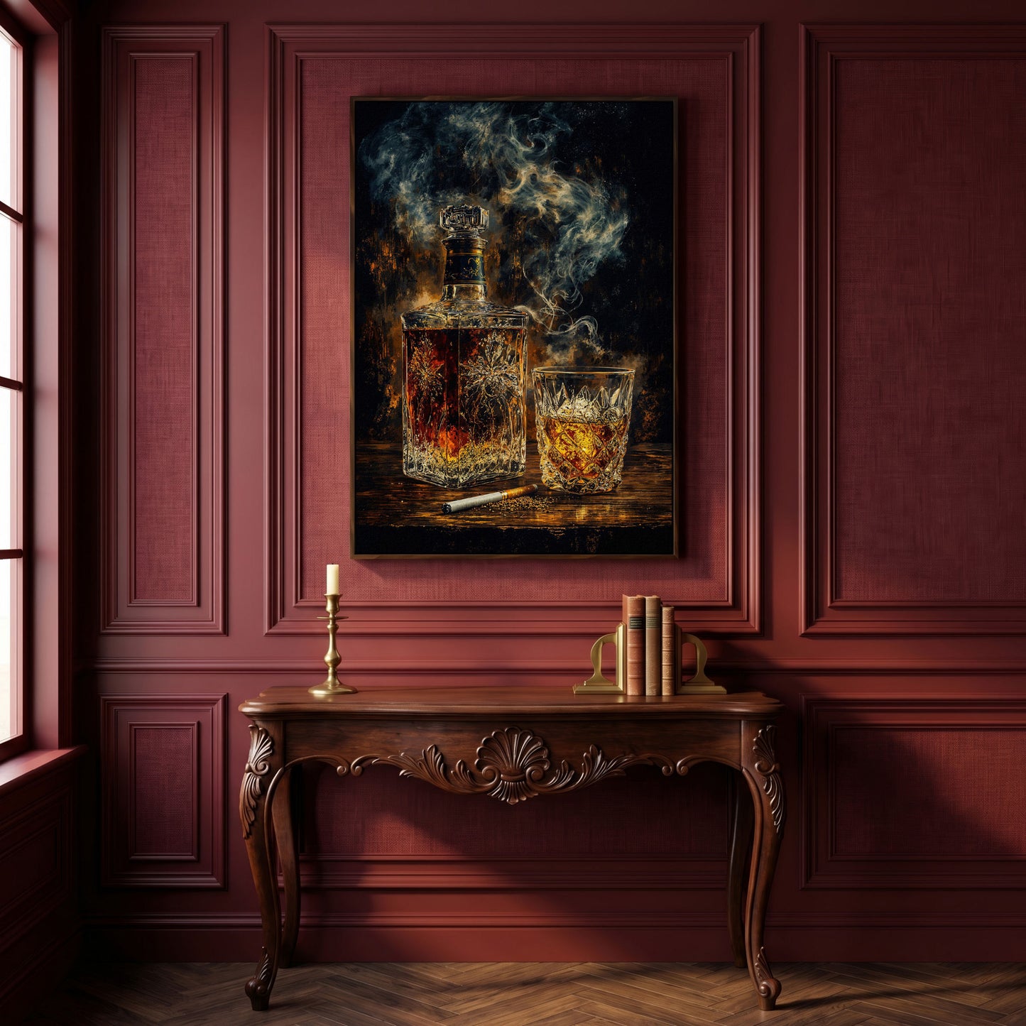 Whiskey in Decanter and Glass Canvas in dark walnut floating frame