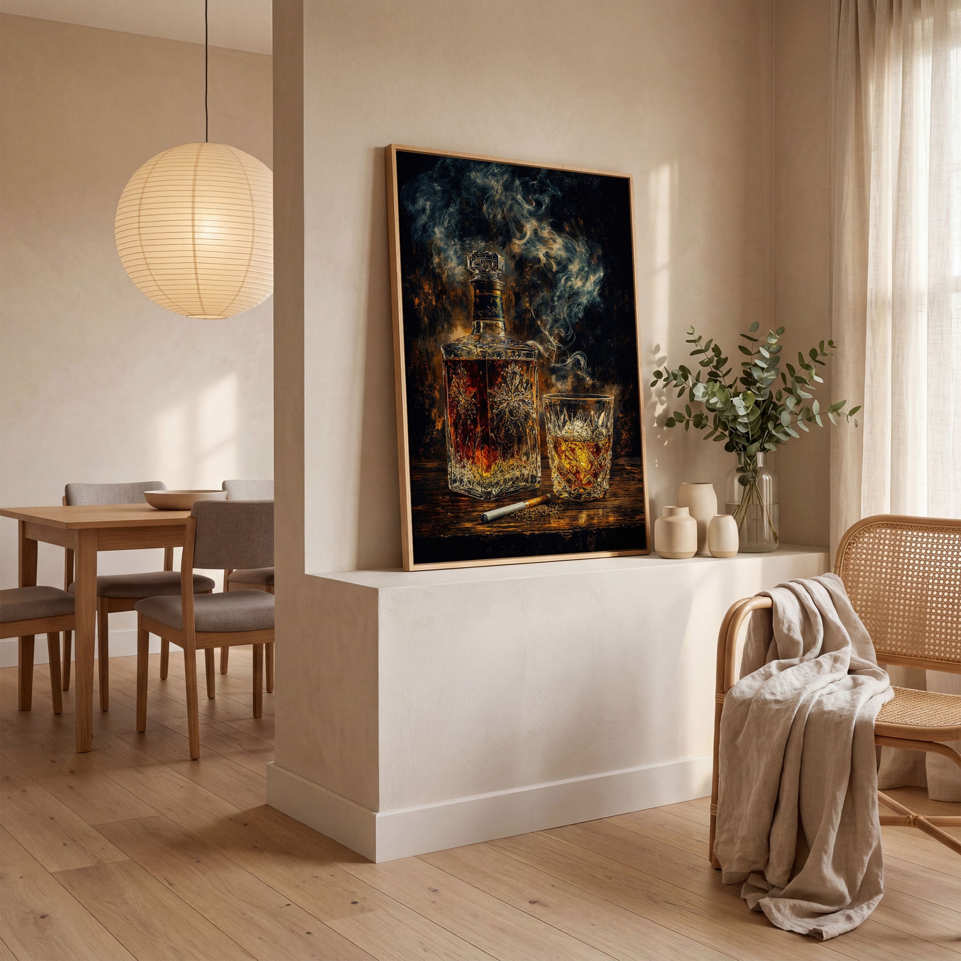 Whiskey in Decanter and Glass Canvas in white oak floating frame