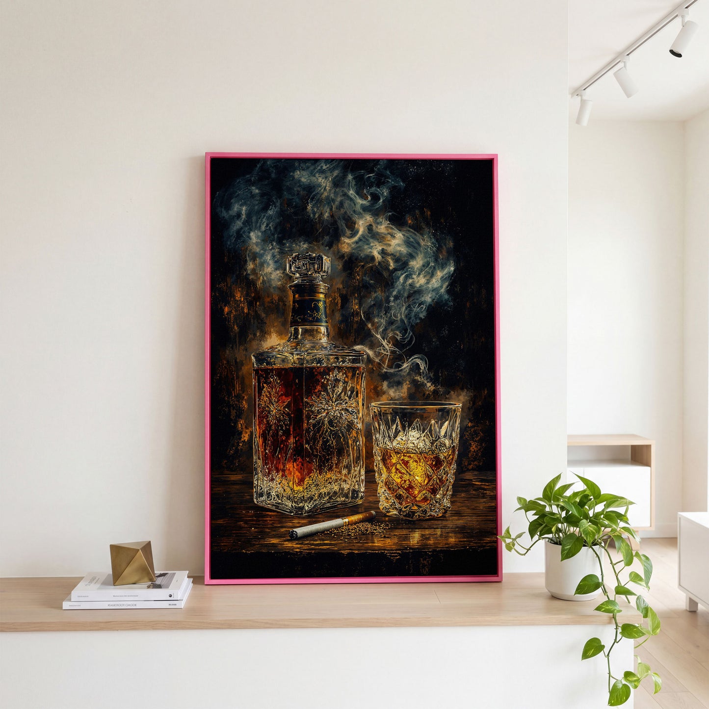 Whiskey in Decanter and Glass Canvas in pink floating frame