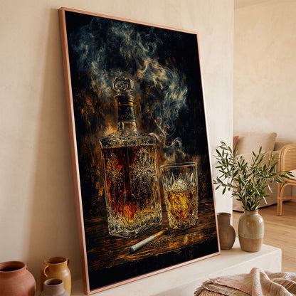 Whiskey in Decanter and Glass Canvas in rose gold floating frame