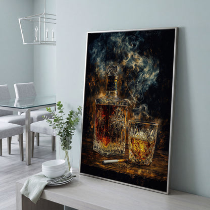 Whiskey in Decanter and Glass Canvas in silver floating frame