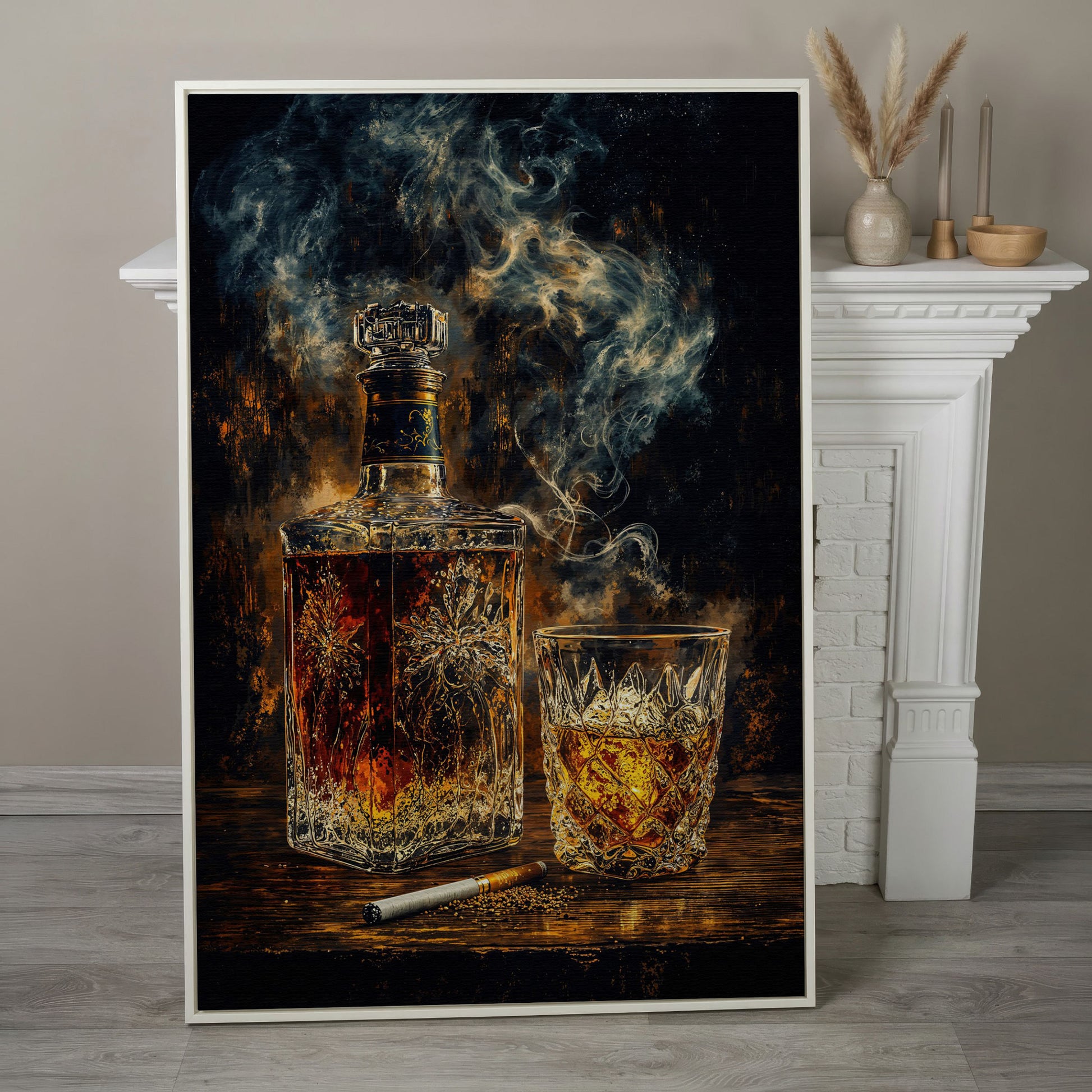 Whiskey in Decanter and Glass Canvas in white floating frame