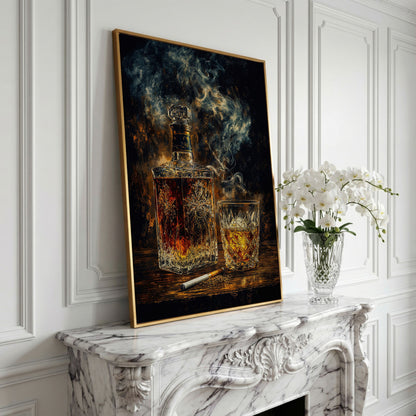 Whiskey in Decanter and Glass Canvas in yellow gold floating frame