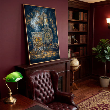 Whiskey Bottle and Glass Canvas for Bar Walls in antique gold floating frame