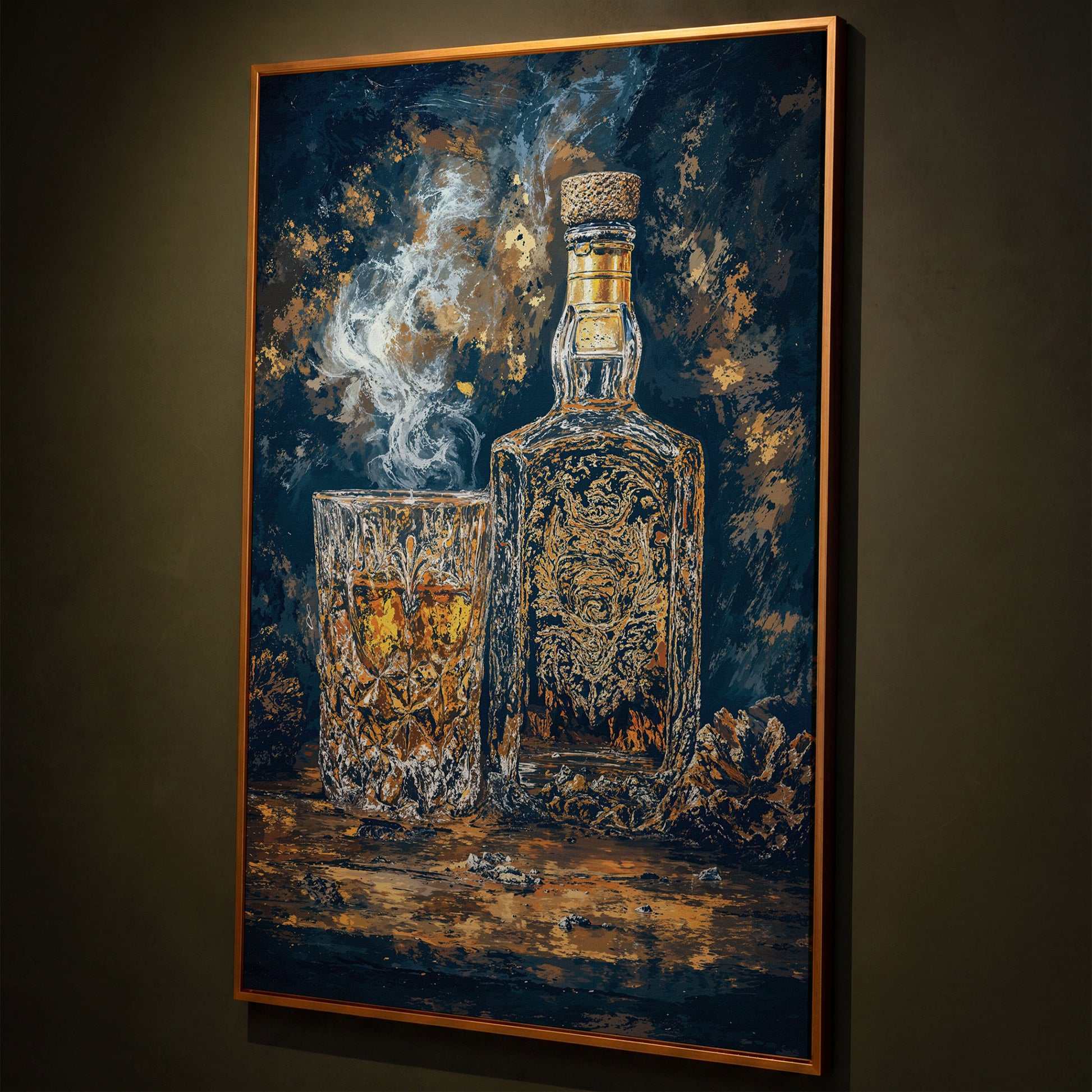 Whiskey Bottle and Glass Canvas for Bar Walls shown in antique gold floating frame