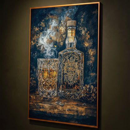 Whiskey Bottle and Glass Canvas for Bar Walls shown in antique gold floating frame
