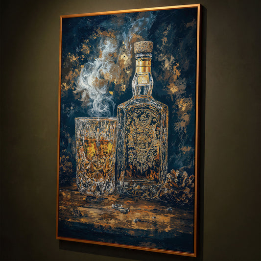 Whiskey Bottle and Glass Canvas for Bar Walls shown in antique gold floating frame