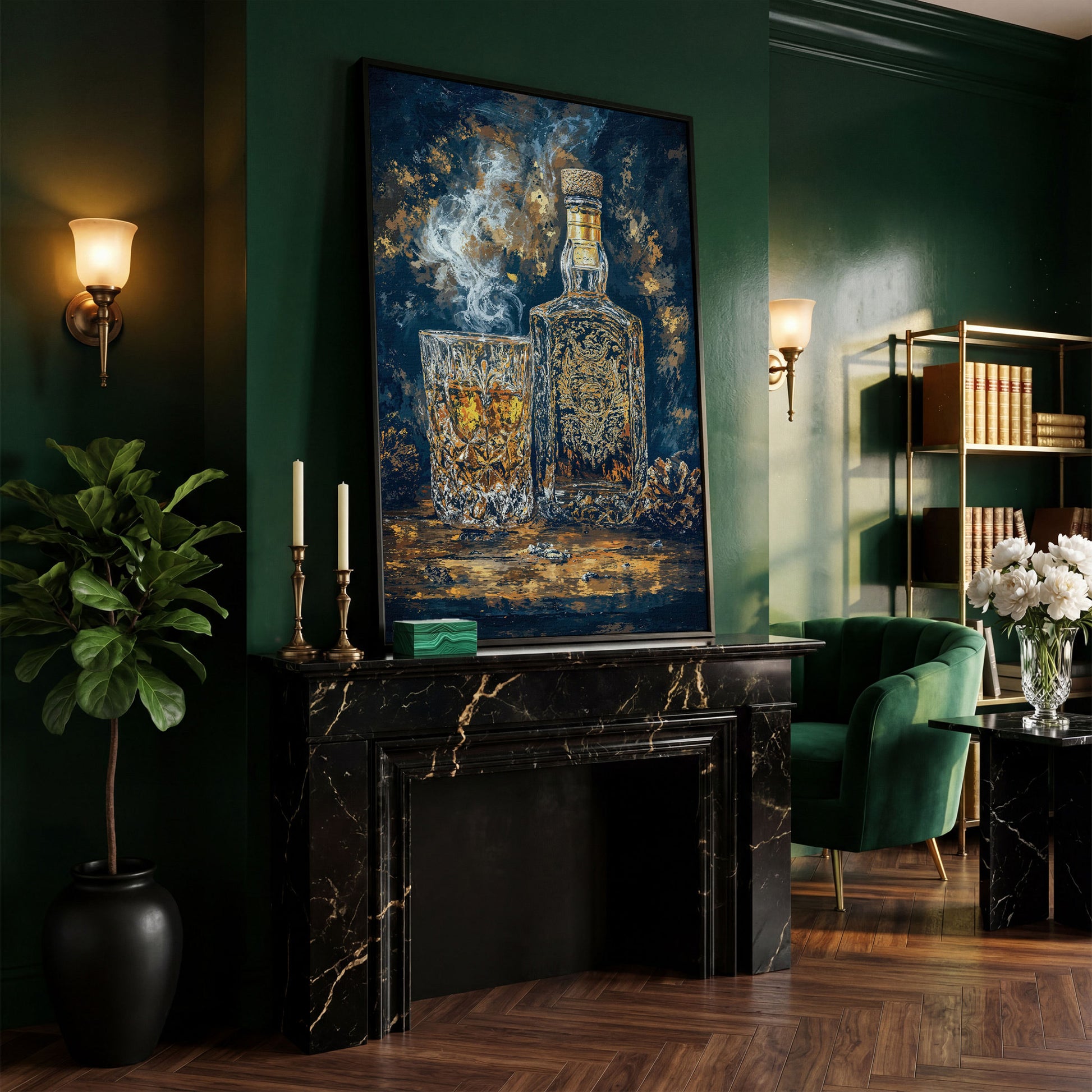 Whiskey Bottle and Glass Canvas for Bar Walls in black floating frame