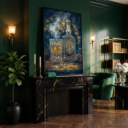 Whiskey Bottle and Glass Canvas for Bar Walls in black floating frame
