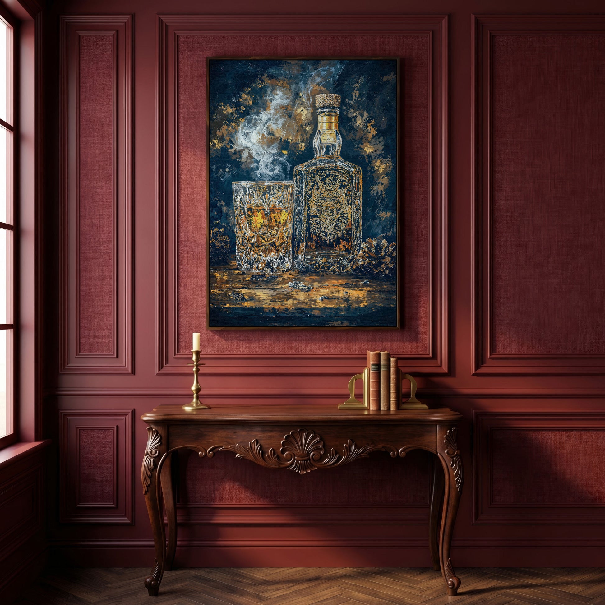 Whiskey Bottle and Glass Canvas for Bar Walls in dark walnut floating frame