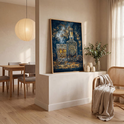 Whiskey Bottle and Glass Canvas for Bar Walls in white oak floating frame