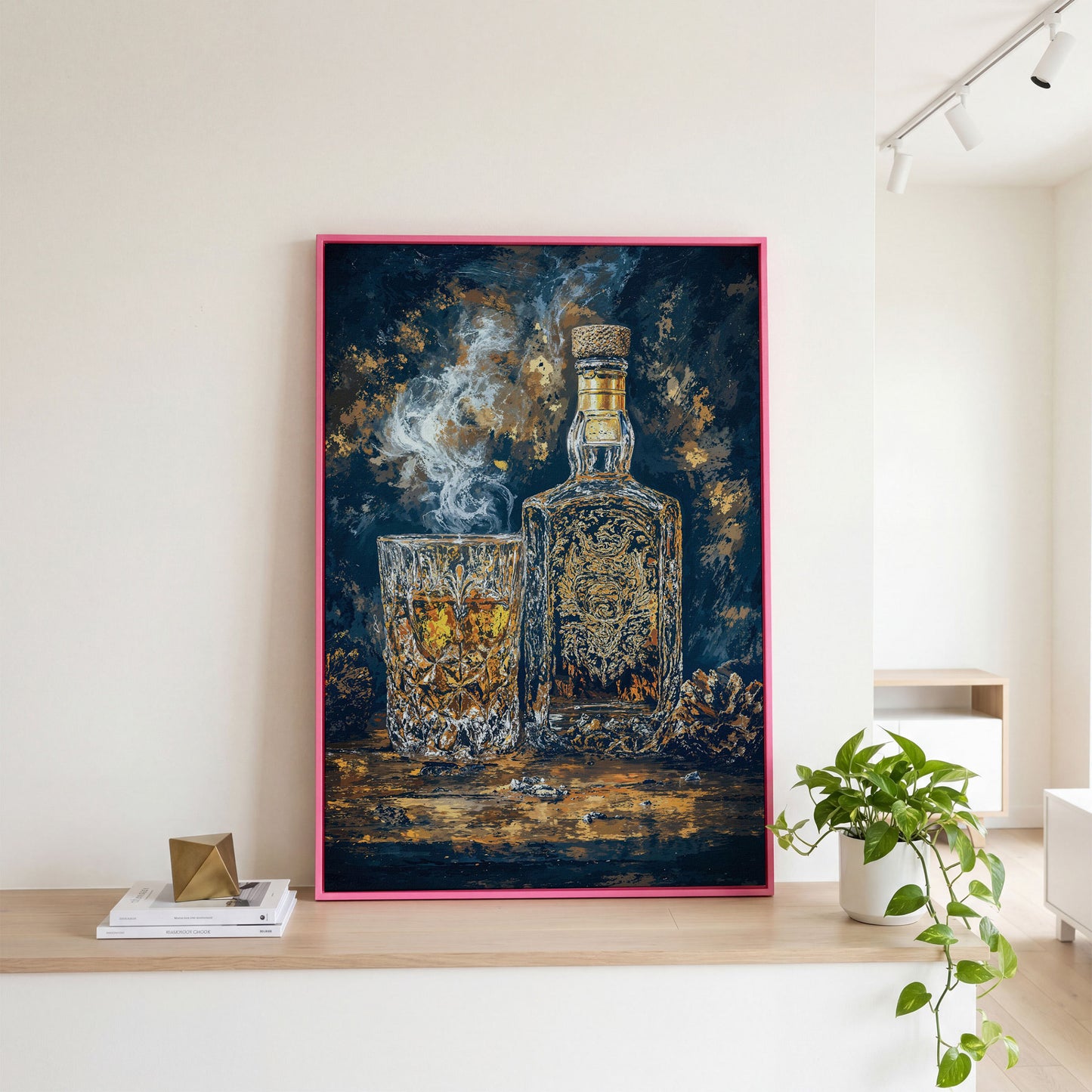 Whiskey Bottle and Glass Canvas for Bar Walls in pink floating frame