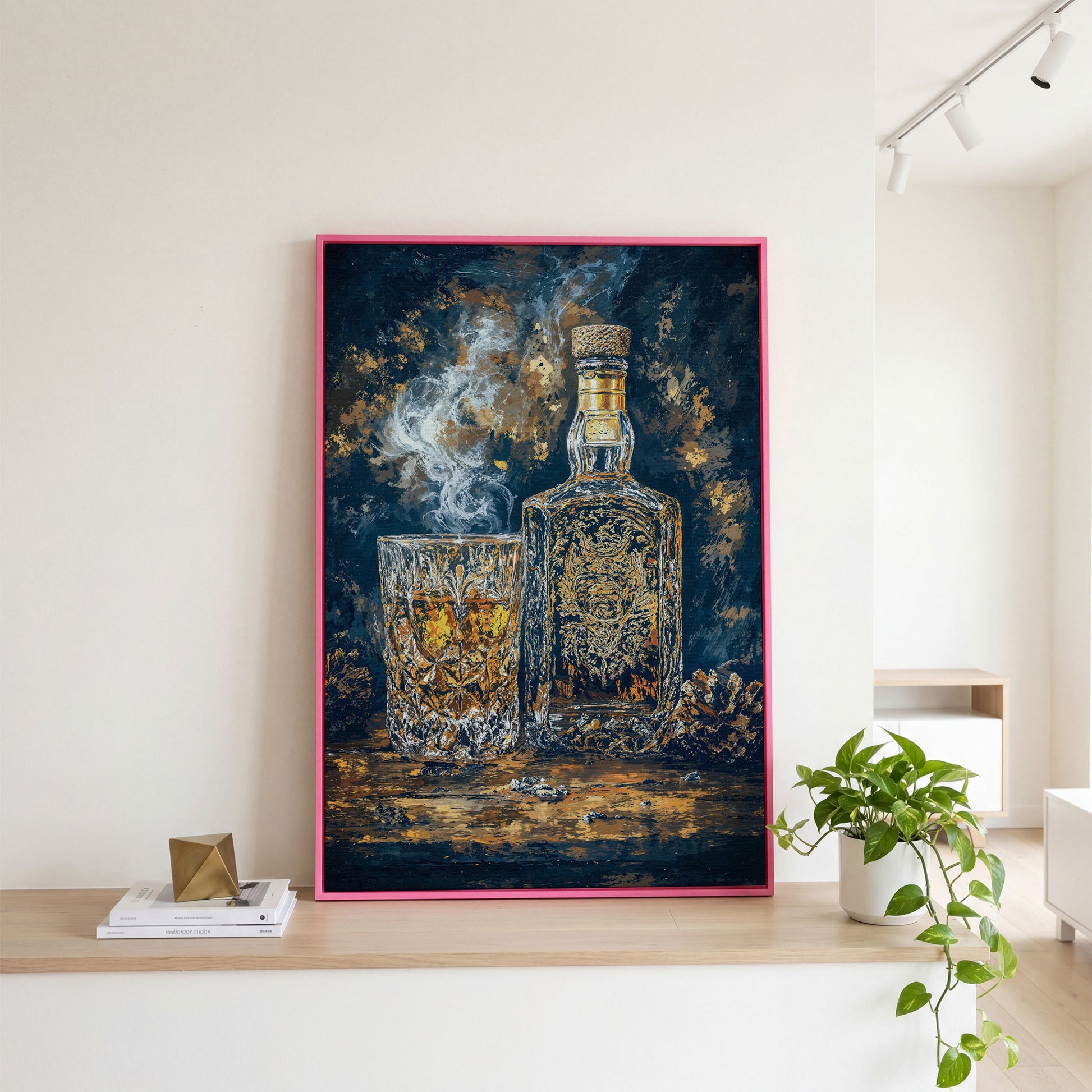 Whiskey Bottle and Glass Canvas for Bar Walls in pink floating frame