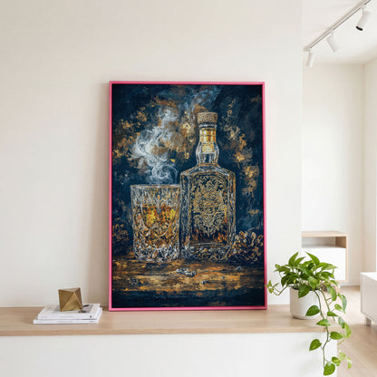 Whiskey Bottle and Glass Canvas for Bar Walls in pink floating frame