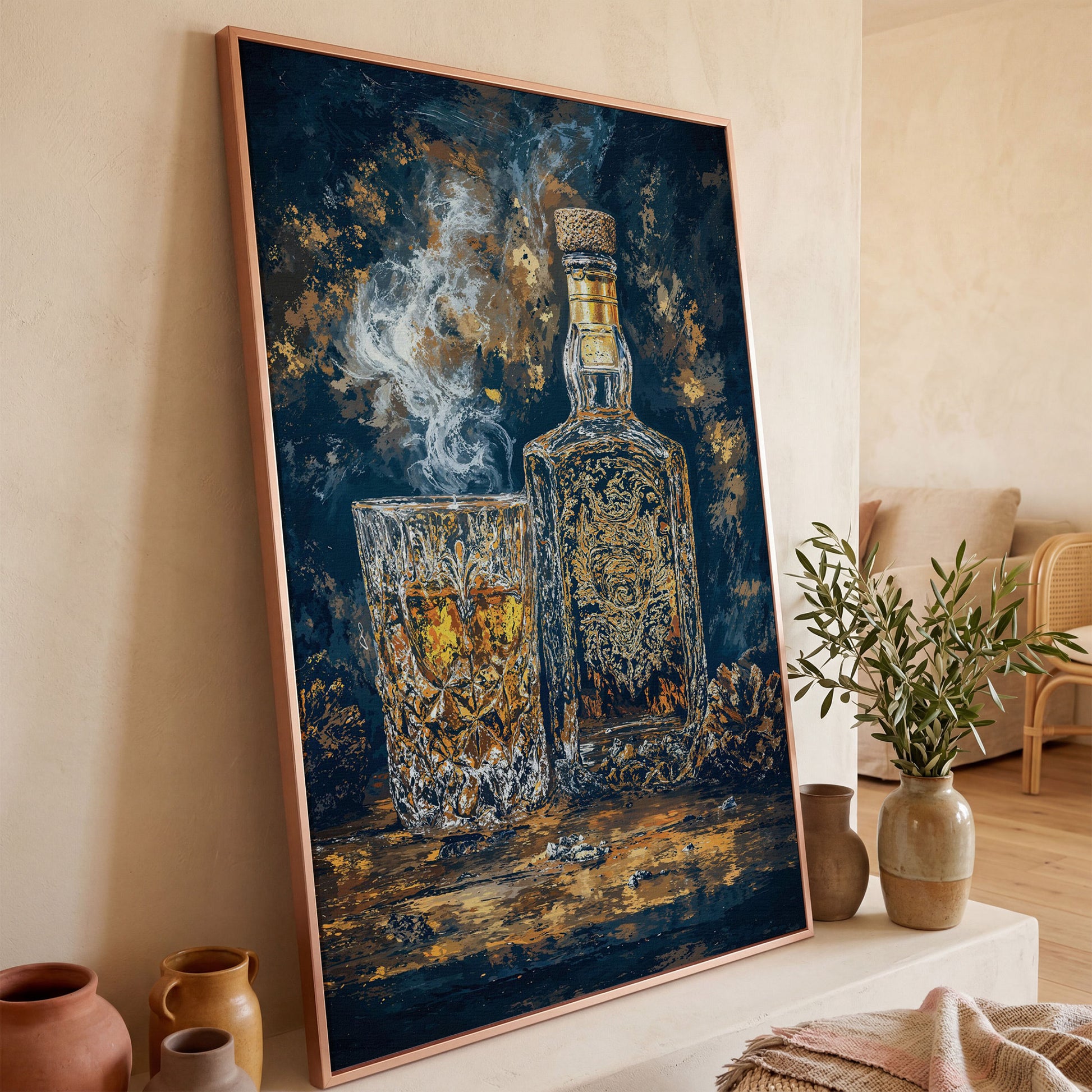 Whiskey Bottle and Glass Canvas for Bar Walls in rose gold floating frame