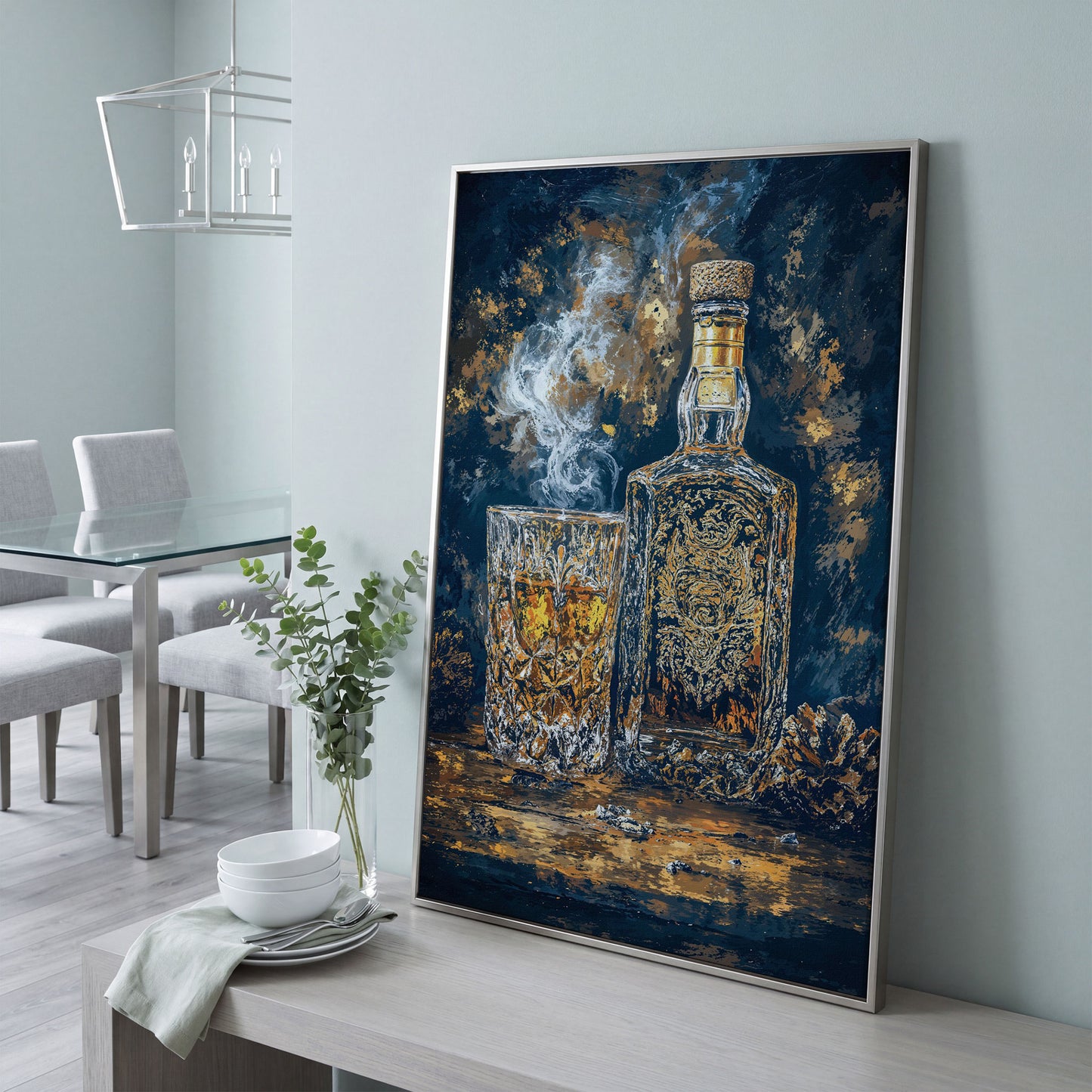 Whiskey Bottle and Glass Canvas for Bar Walls in silver floating frame