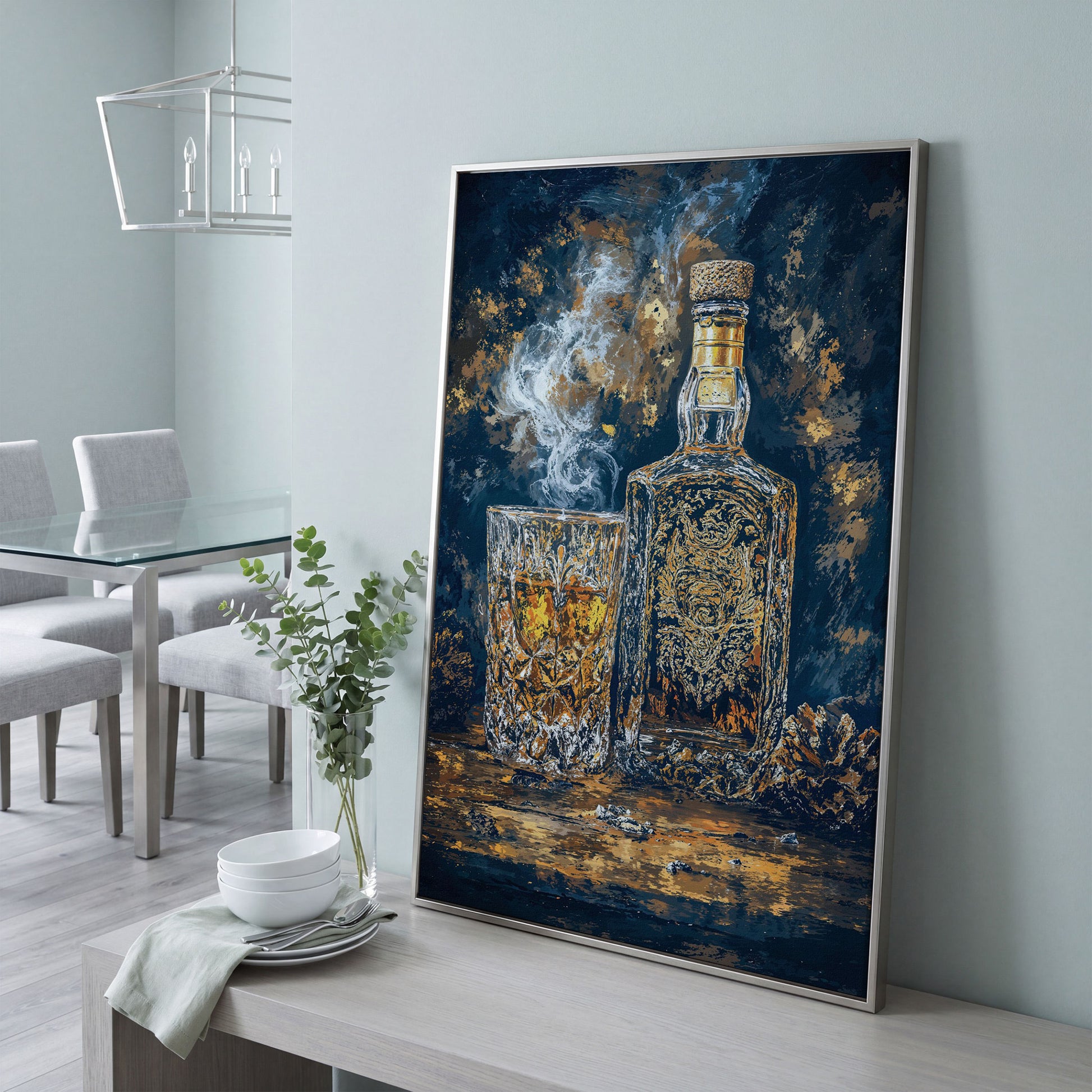 Whiskey Bottle and Glass Canvas for Bar Walls in silver floating frame