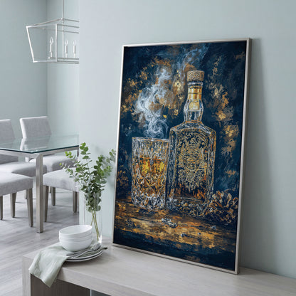 Whiskey Bottle and Glass Canvas for Bar Walls in silver floating frame