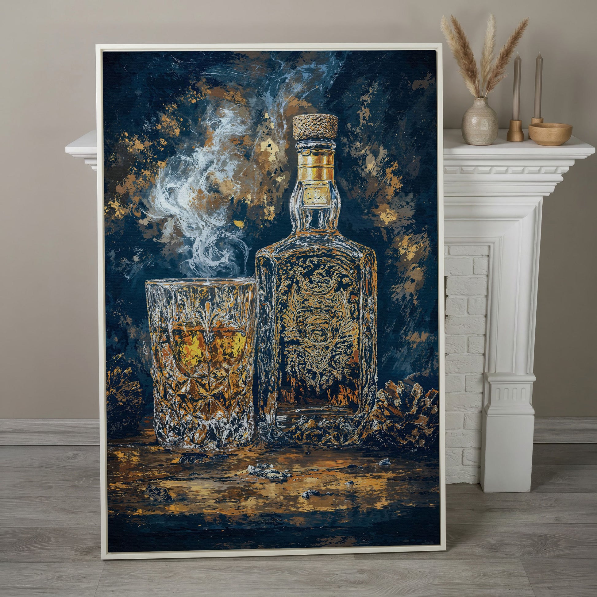 Whiskey Bottle and Glass Canvas for Bar Walls in white floating frame