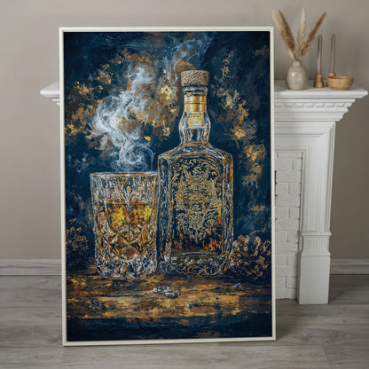 Whiskey Bottle and Glass Canvas for Bar Walls in white floating frame