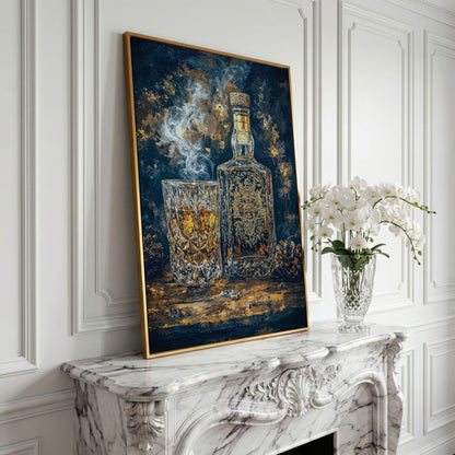 Whiskey Bottle and Glass Canvas for Bar Walls in yellow gold floating frame