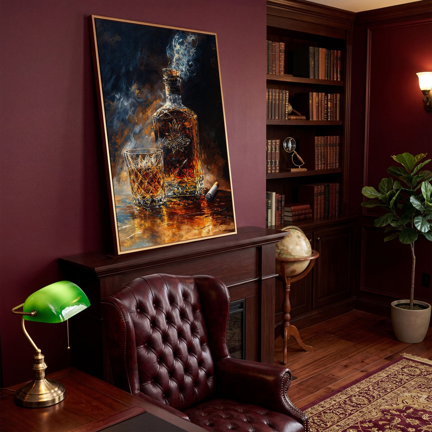 Whiskey and Cigar Canvas Wall Art for Bar Rooms in antique gold floating frame