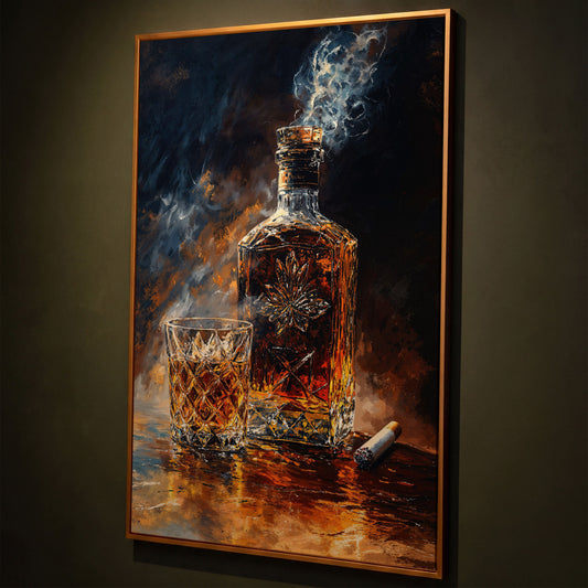 Whiskey and Cigar Canvas Wall Art for Bar Rooms shown in antique gold floating frame