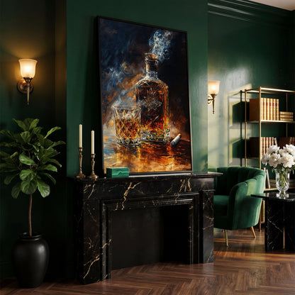 Whiskey and Cigar Canvas Wall Art for Bar Rooms in black floating frame