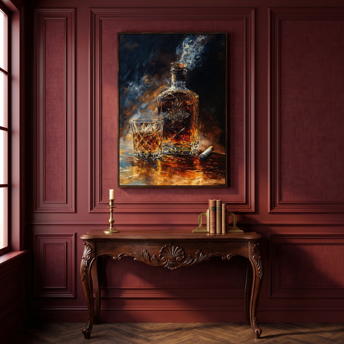 Whiskey and Cigar Canvas Wall Art for Bar Rooms in dark walnut floating frame
