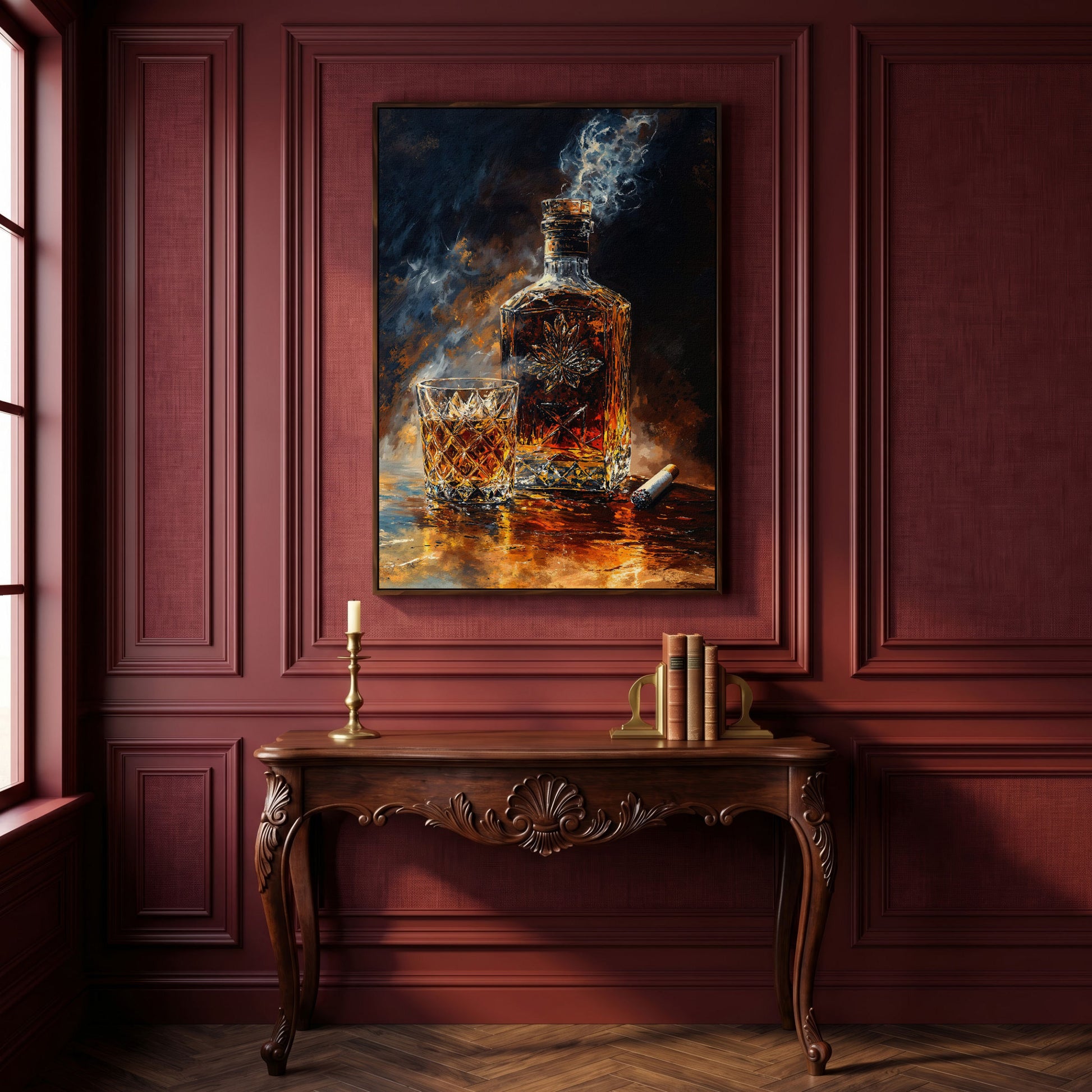 Whiskey and Cigar Canvas Wall Art for Bar Rooms in dark walnut floating frame