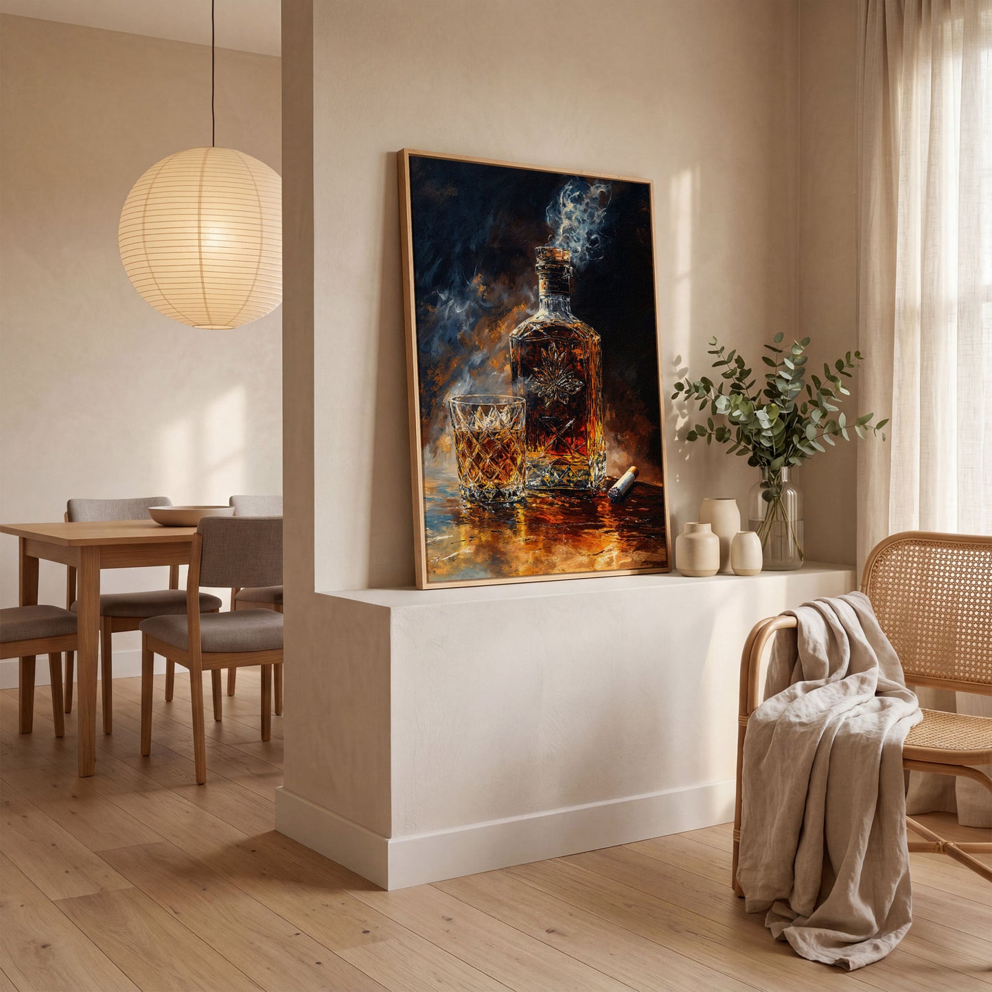Whiskey and Cigar Canvas Wall Art for Bar Rooms in white oak floating frame