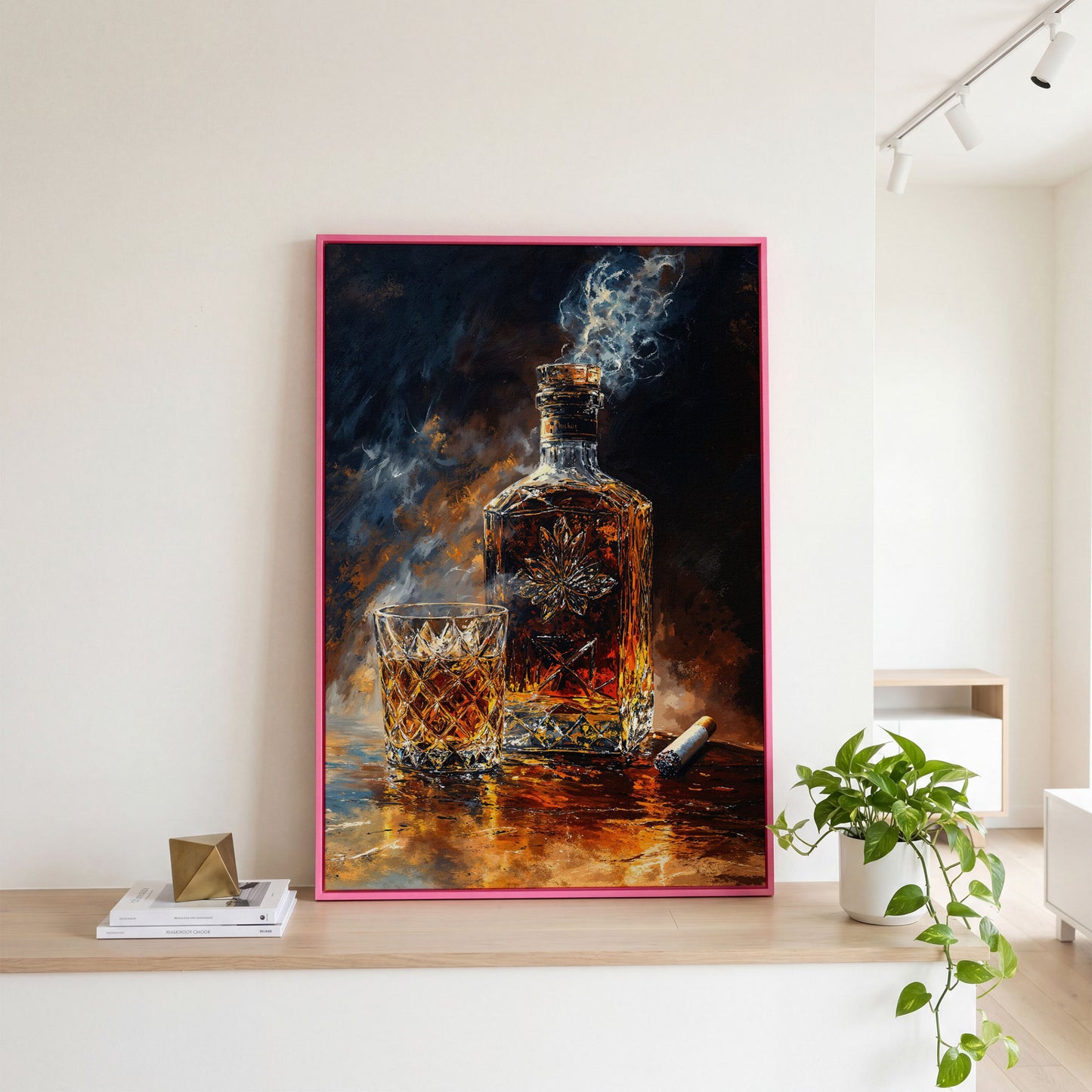 Whiskey and Cigar Canvas Wall Art for Bar Rooms in pink floating frame