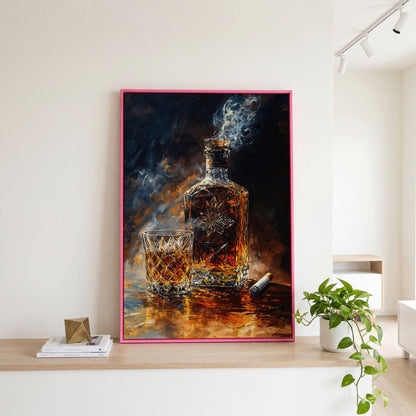 Whiskey and Cigar Canvas Wall Art for Bar Rooms in pink floating frame