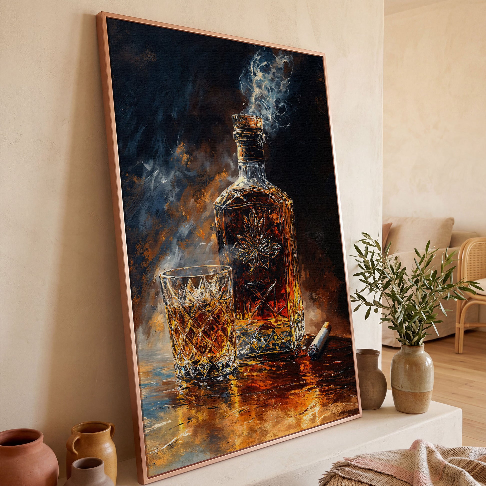Whiskey and Cigar Canvas Wall Art for Bar Rooms in rose gold floating frame