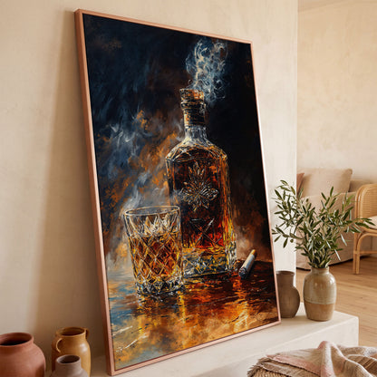 Whiskey and Cigar Canvas Wall Art for Bar Rooms in rose gold floating frame