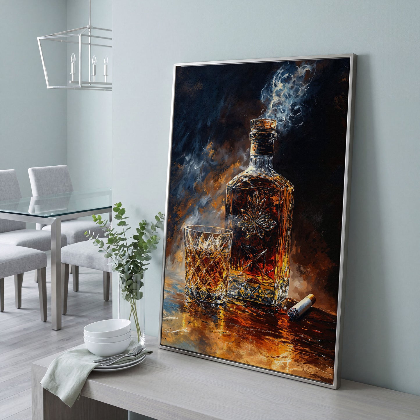 Whiskey and Cigar Canvas Wall Art for Bar Rooms in silver floating frame