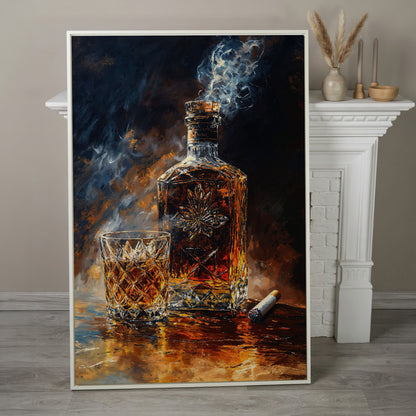 Whiskey and Cigar Canvas Wall Art for Bar Rooms in white floating frame