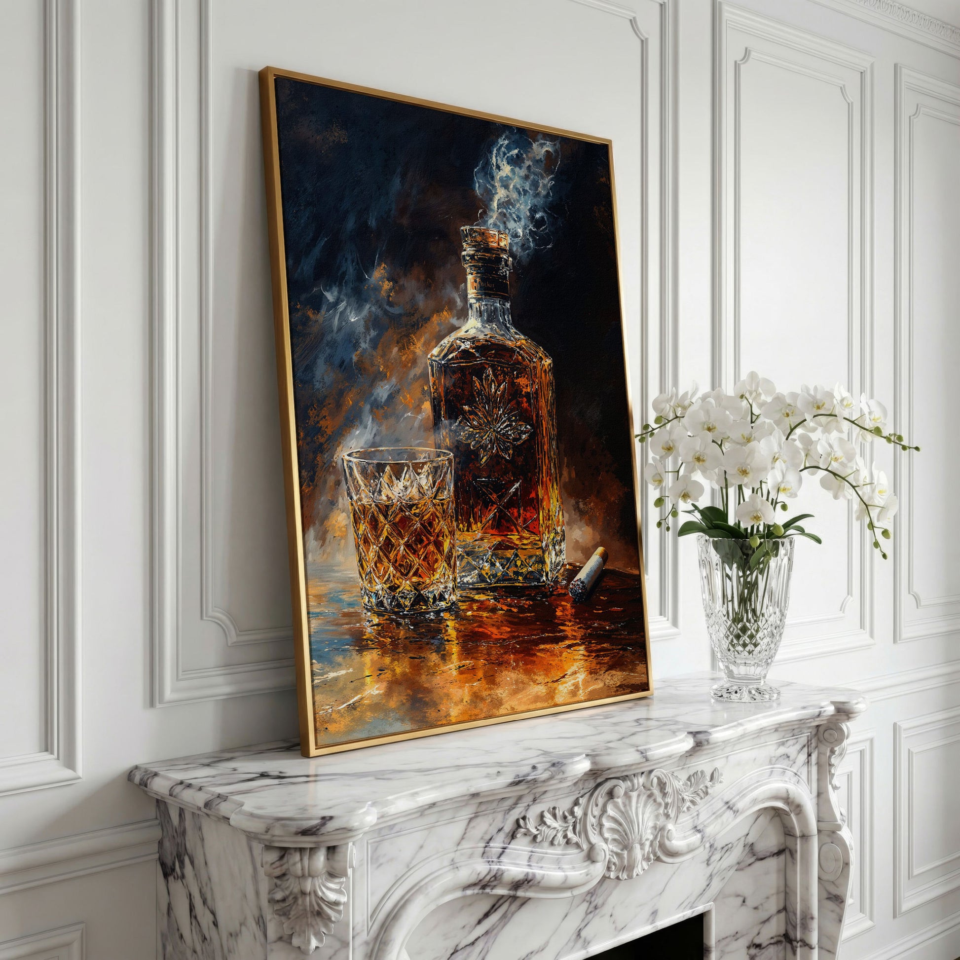 Whiskey and Cigar Canvas Wall Art for Bar Rooms in yellow gold floating frame