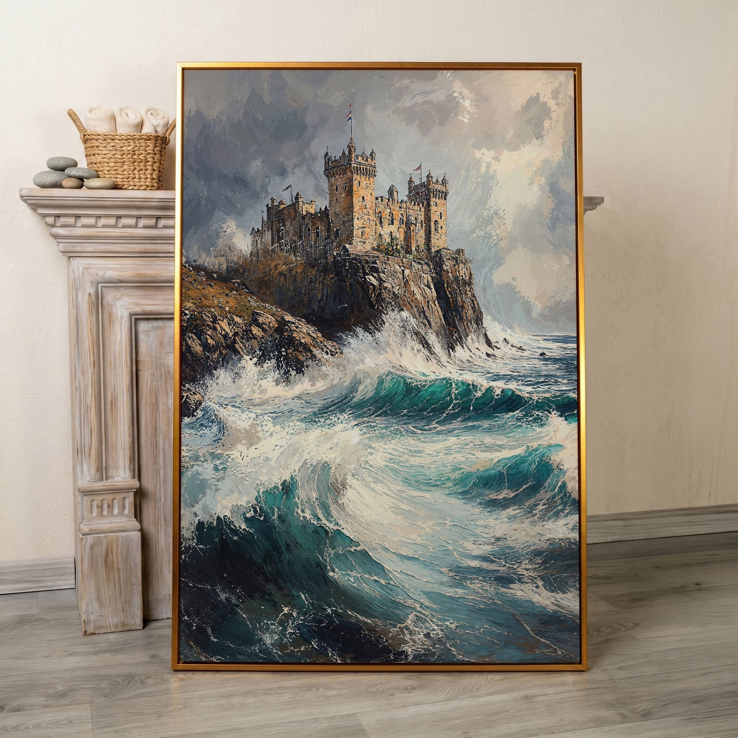 Medieval Castle on Stormy Cliffs Canvas Wall Art in antique gold floating frame