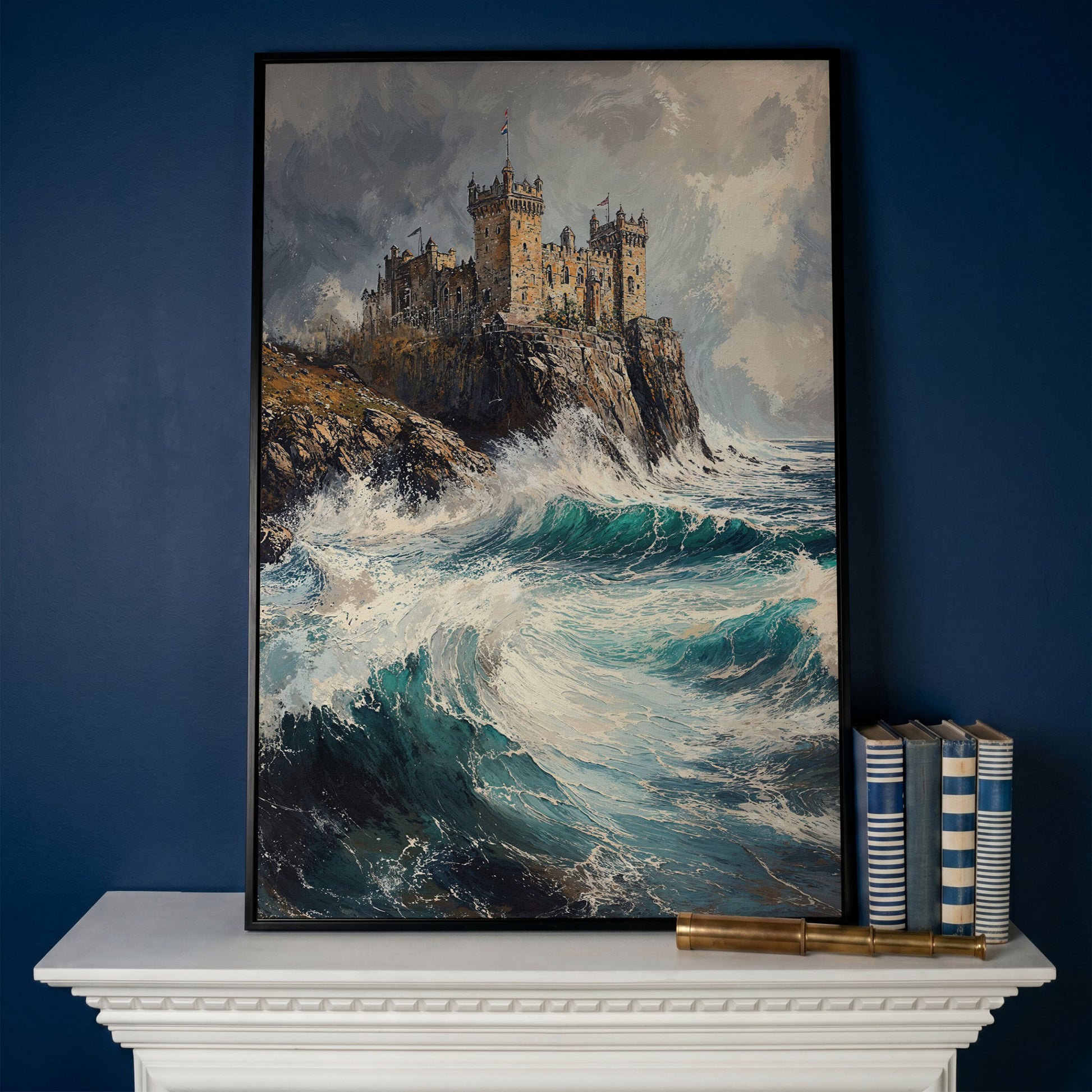 Medieval Castle on Stormy Cliffs Canvas Wall Art in black floating frame