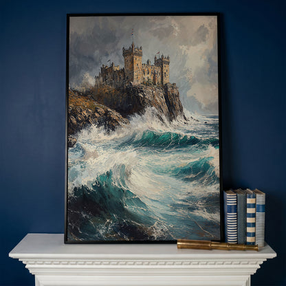 Medieval Castle on Stormy Cliffs Canvas Wall Art in black floating frame