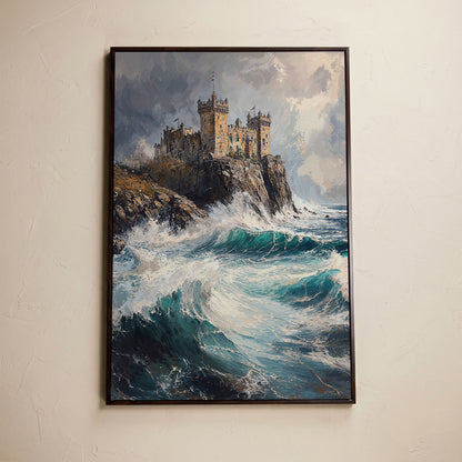 Medieval Castle on Stormy Cliffs Canvas Wall Art in dark walnut floating frame